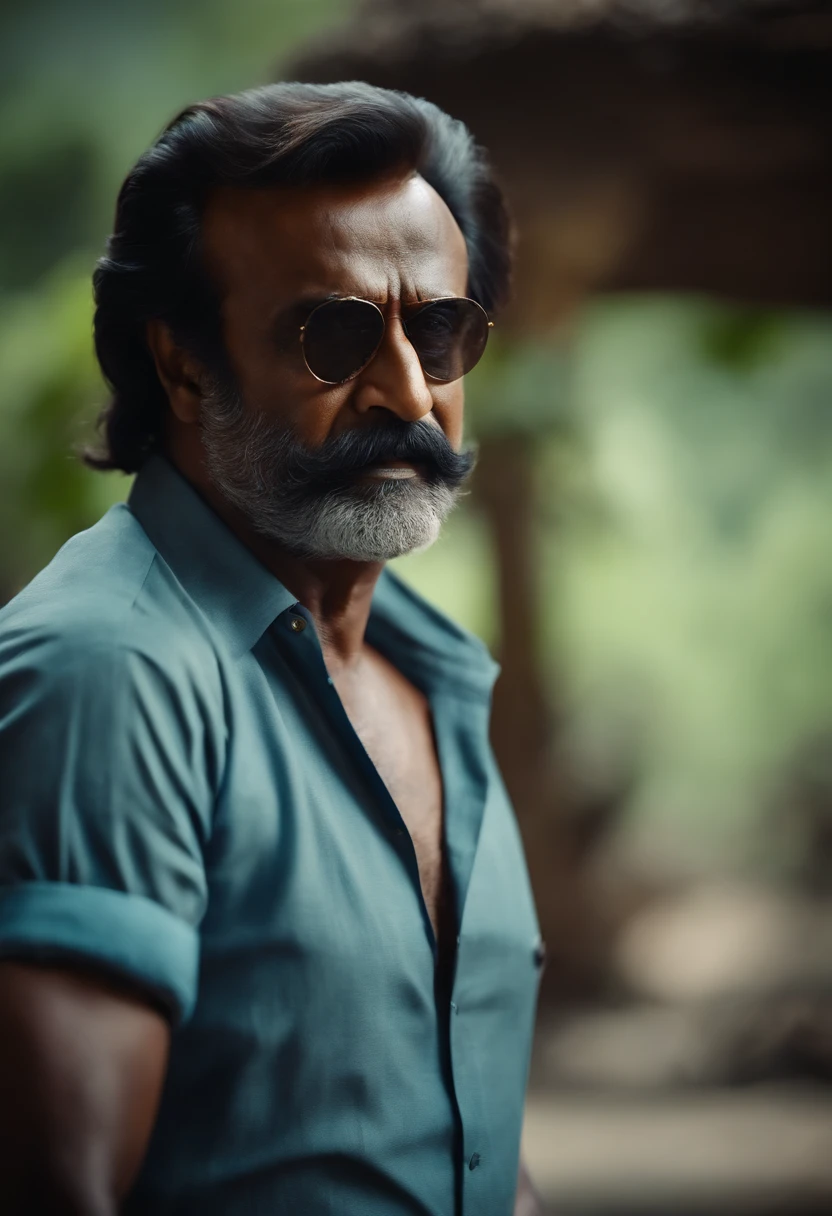 Rajinikanth, Sem barba, sem bigode, Side Parting Hair, camisa azul, Zoo in the background.