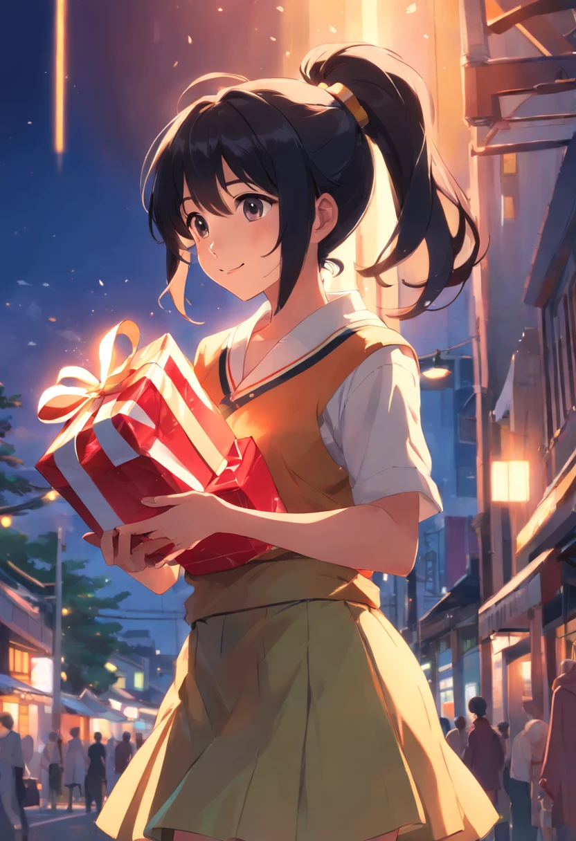 A girl with black hair in a tall ponytail，holding gift，ssmile，gentleness，Backlit skirt