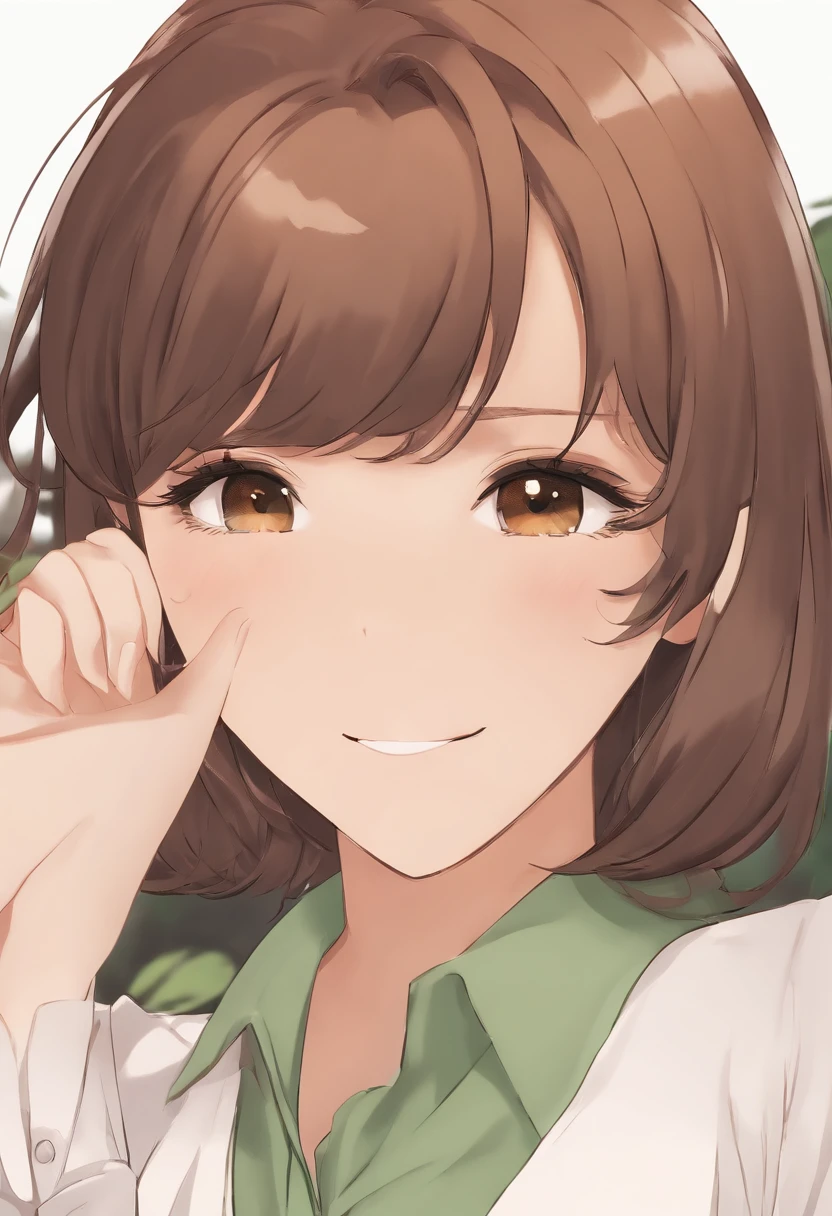 master part, extremely high quality, best quality, 1girl, sozinho, Olhando para o Viewer, , Tezuka Rin, (Amputees without arms:1.2), brown hair, colar, camisa de gola, (amputado duplo:1.2), olhos verdes, Katawa Shoujo, gravata vermelha, camisa, short hair, sozinho, camisa branca,  Lozhkin, sorriso, dentes precisos com lacunas