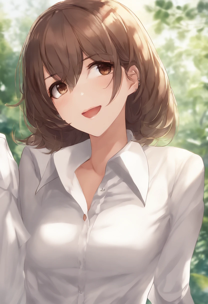 master part, extremely high quality, best quality, 1girl, sozinho, Olhando para o Viewer, , Tezuka Rin, (Amputees without arms:1.2), brown hair, colar, camisa de gola, (amputado duplo:1.2), olhos verdes, Katawa Shoujo, gravata vermelha, camisa, short hair, sozinho, camisa branca, Lozhkin, sorriso, dentes precisos com lacunas