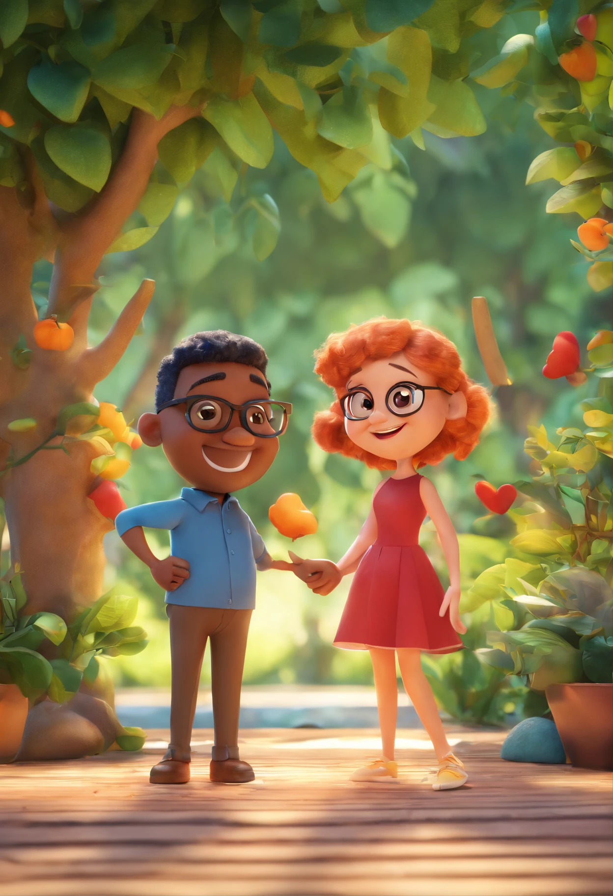 An illustration of an adorable couple, Highlight for a smiling chubby mulatto wearing round glasses and a white woman with beautiful expressive eyes - the man's skin is black, while the woman's skin is white and the woman's hair is straight and blonde. They are a bright room, cada um com um sorriso no rosto, e compartilhar um momento especial caracterizado pelo amor, Insights. Illustrate this scene from a perspective where they are facing the camera, on a tree. Smiling and Showing Your Connection. Desenvolva esta arte em Full HD, Focus on your cinematic touch, Estilo Disney Pixar Animations