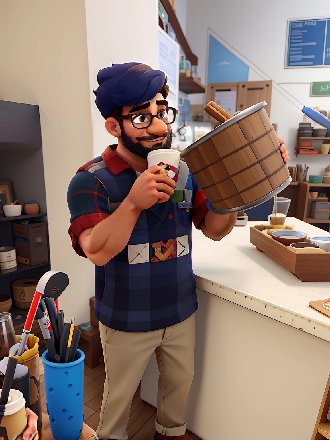 Homem jovem, com barba e cabelos escuros, Screws Glasses, With a giant cup in hands sipping his coffee in a craft shop in the background