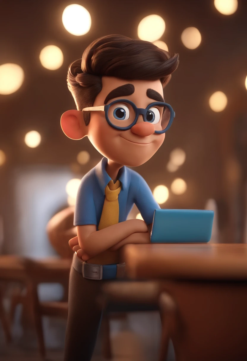 Cartoon character of a man wearing black glasses and a blue shirt, um personagem animado, Caractere estilizado, animation style rendering, 3D estilizado, Arnold Maya render, 3 d render stylized, toon render keyshot, Personagem 3D, Personagem 3D, 3d rendering stylized, 3 d character render, personagem de desenho animado, Personagem de close up, Pose de personagem, (Estilo Pixar) (master part:1.2) (Bokeh) (best quality) (pele detalhada) (textura detalhada) (8k) (argila) (Cinematic lighting) (foco nítido，Senta e vaza a parte superior do corpo