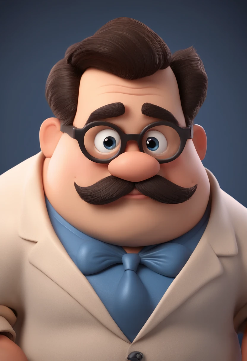 Cartoon character of a fat man with black glasses, pequeno bigode e uma camisa azul, animation character, Caractere estilizado, animation style rendering, 3D estilizado, Arnold Maya render, 3 d render stylized, toon render keyshot, Personagem 3D, Personagem 3D, 3d rendering stylized, 3 d character render, personagem de desenho animado, Personagem de close up, Pose de personagem,  (Estilo Pixar) (master part:1.2) (Bokeh) (best quality) (pele detalhada) (textura detalhada) (8k) (argila) (Cinematic lighting) (foco nítido