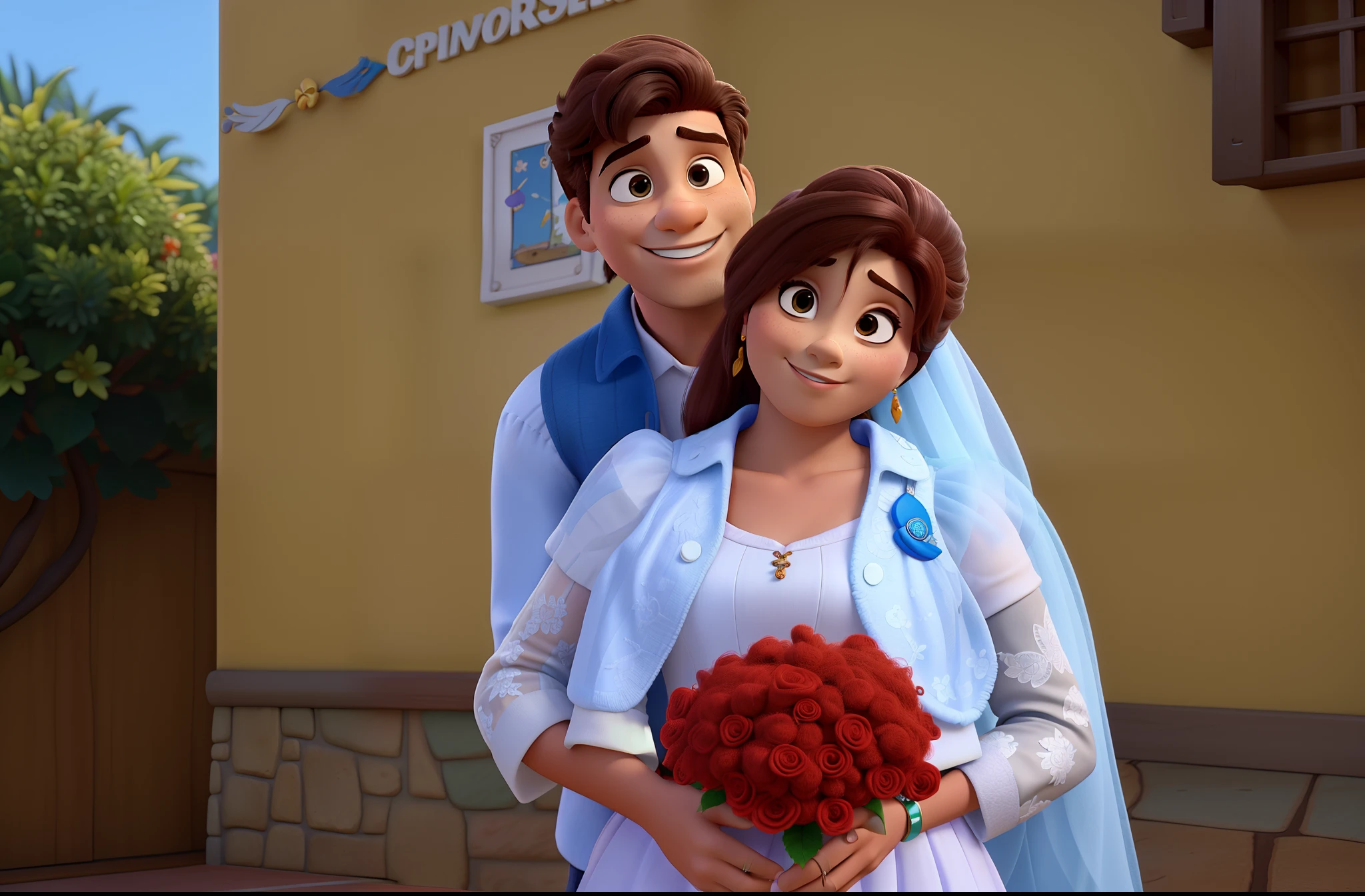 Um casal de noivos de cabelo loiro,no estilo Disney pixar, alta qualidade, melhor qualidade