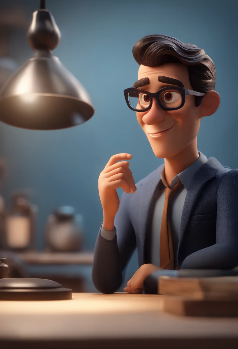 Cartoon character of a man wearing black glasses and a blue shirt, um personagem animado, Caractere estilizado, animation style rendering, 3D estilizado, Arnold Maya render, 3 d render stylized, toon render keyshot, Personagem 3D, Personagem 3D, 3d rendering stylized, 3 d character render, personagem de desenho animado, Personagem de close up, Pose de personagem, (Estilo Pixar) (master part:1.2) (Bokeh) (best quality) (pele detalhada) (textura detalhada) (8k) (argila) (Cinematic lighting) (foco nítido,Senta e vaza a parte superior do corpo