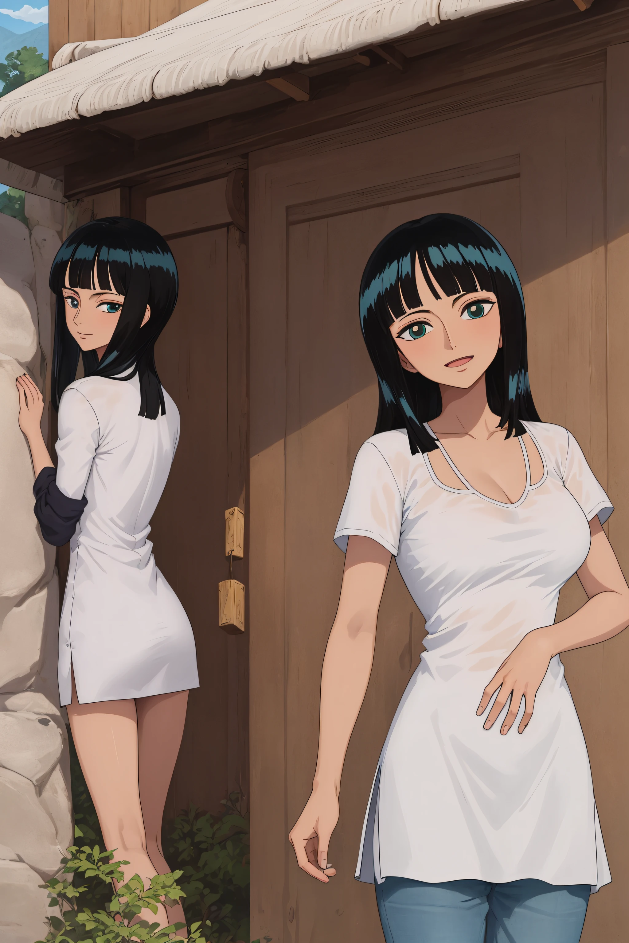 Nico Robin  from one piece naked black hair, blue eyes, naked , huge breast, small nibbles, thic hips, wide hips, pussy , perfect waist, sexy in kitchen