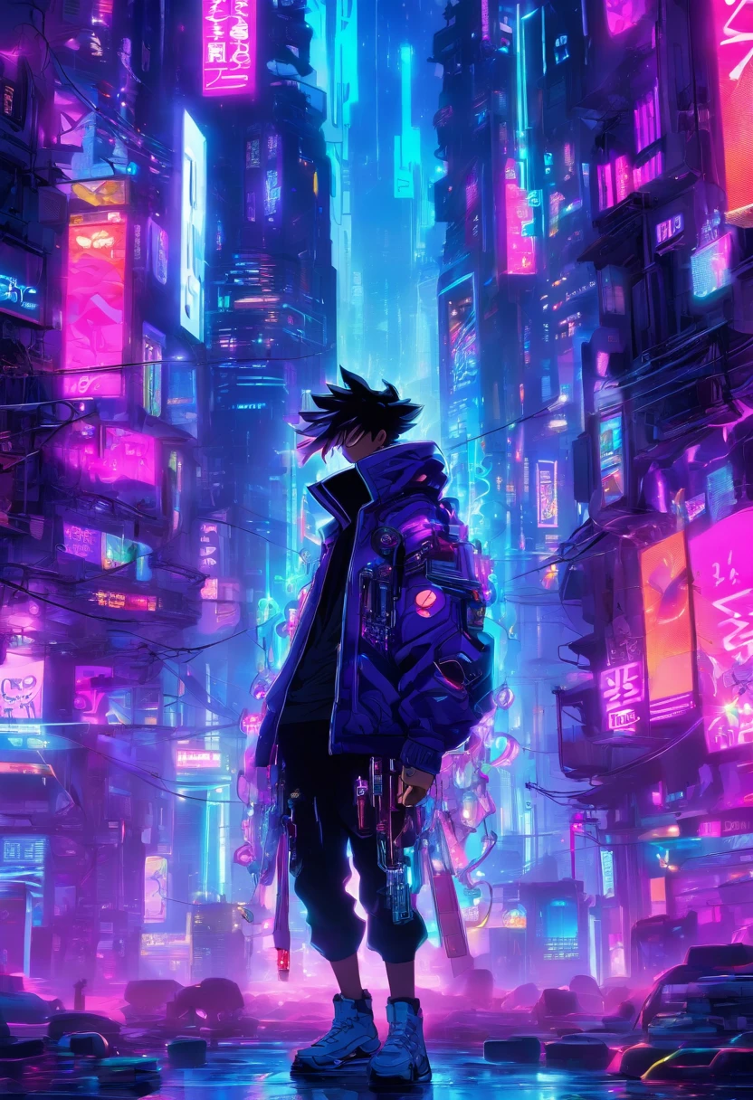Nas ruas de uma favela ,surge uma figura, desafiando os limites da realidade e da tecnologia. Meet the cyberpunk boy A vision of grit and rebellion. Vestido com uma jaqueta bomber elegante, adornado com fitas de LED piscando que pulsam com tons neon, It becomes a beacon of challenge amidst the chaotic cityscape. Seu traje, A fusion of leather and circuitry, suggests the symbiotic relationship between humans and machines in this futuristic world. Com seus cabelos vibrantes, A vibrant display of electric blues and purples, It captures attention effortlessly. Standing amidst the busy streets, His penetrating gaze is at once determined and curious, A testament to his indomitable spirit. A paisagem urbana, Bathed in a sea of neon lights and holographic advertisements, serve como pano de fundo. Reflete o caos e a energia em que ela prospera. You will join her in this cyber realm?, where the possibilities are limitless, Or you'll just be a passerby in your electrifying world?