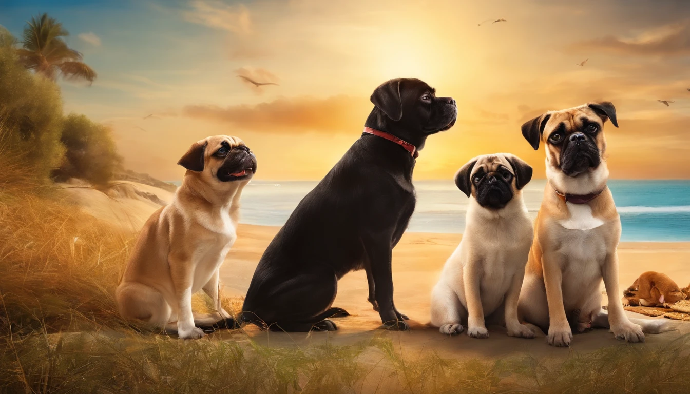 Take a photo with at least 4 cats, 1 beagle dog and 1 pug dog in Sunny Beach in realistic style