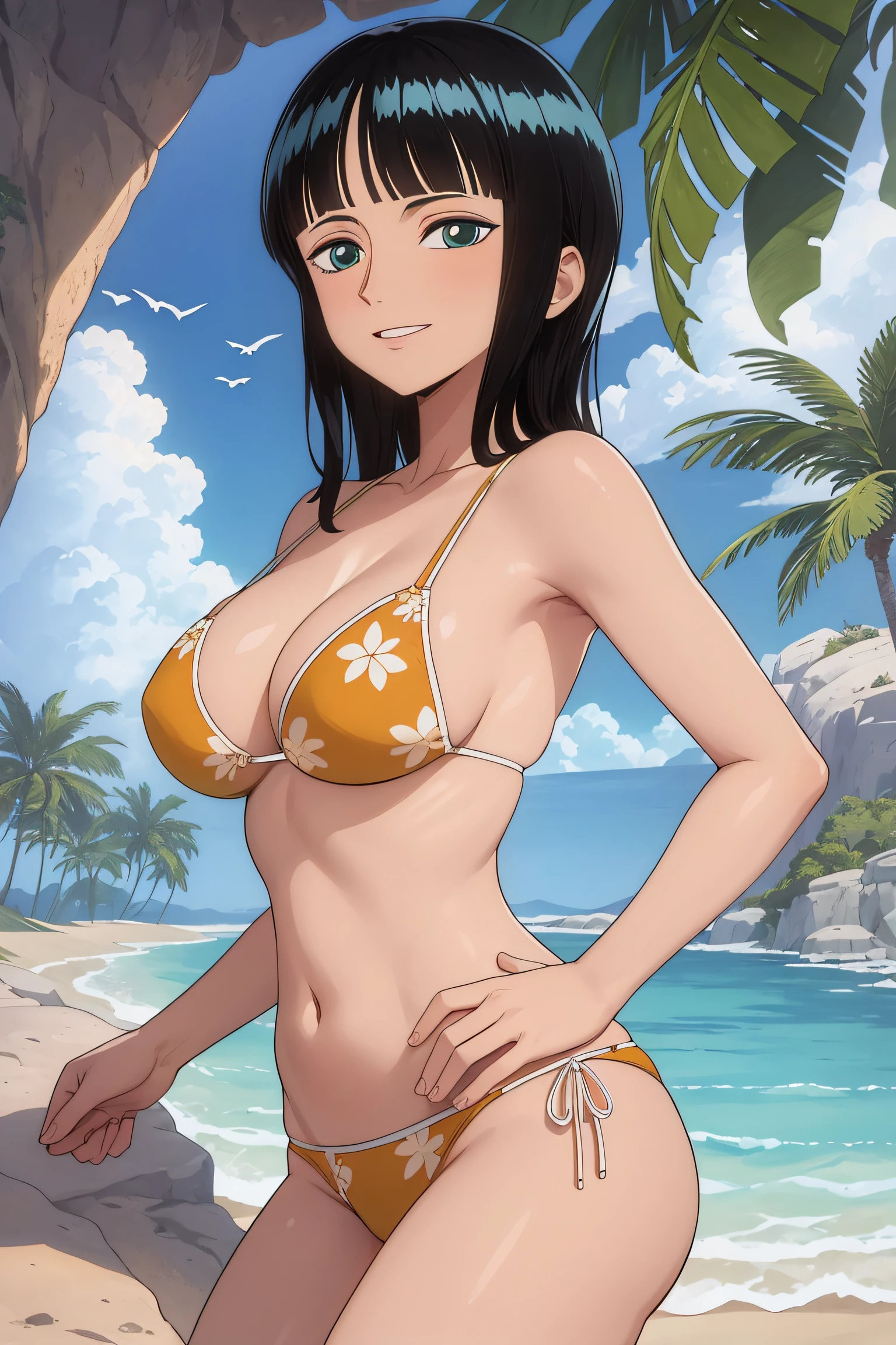 (Obra maestra),La mejor calidad,asombroso,Detalle fino.Profundidad de campo,hermosos ojos detallados, Nico Robin, 1girl,hembra madura,feliz,sonrisa ligera, bikini, barriga, breasts