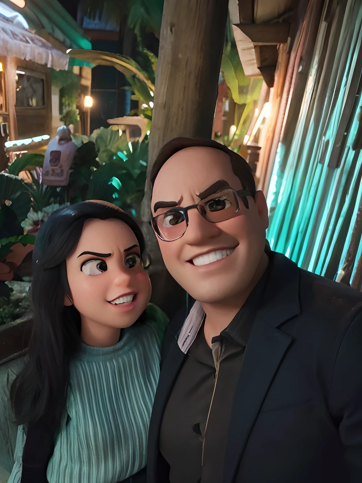 Tranformar fotografia em desenho. Estilo Pixar Disney. Night image with good lighting. Deixar o homen um pouco mais forte. Aumentar um pouco o busto feminino.