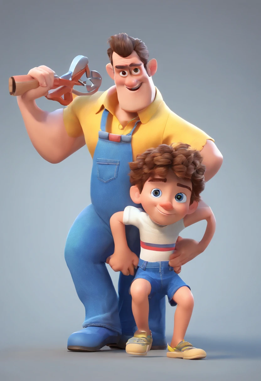 Estilo Pixar: The grown man is holding a naked blue-eyed boy and in his other hand he is holding a pair of scissors and is trying to cut off the boy's testicles,3D Poster,Disney