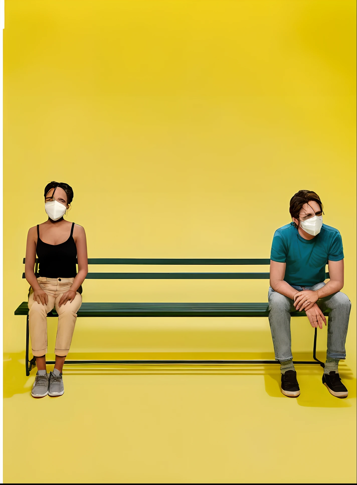 Pareja separada, La mujer ignora, El hombre la mira, Sentado en un banco, fondo liso en contraste con el banco y la pareja, banco verde de tipo cuadrado,both with Latin features,