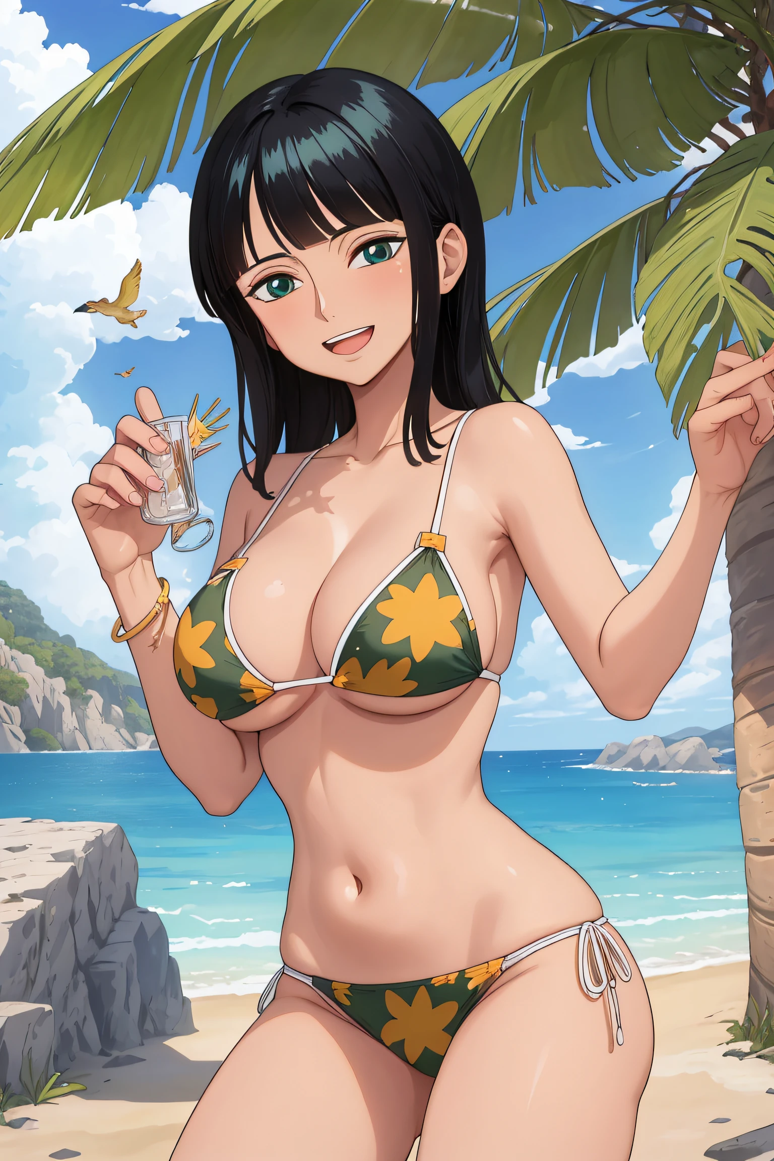 (Obra maestra),La mejor calidad,asombroso,Detalle fino.Profundidad de campo,hermosos ojos detallados, Nico Robin, 1girl,hembra madura,feliz,sonrisa ligera, bikini, barriga, breasts