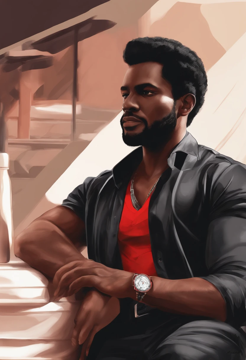 Personagem de desenho preto com camisa xadrez vermelha e preto.