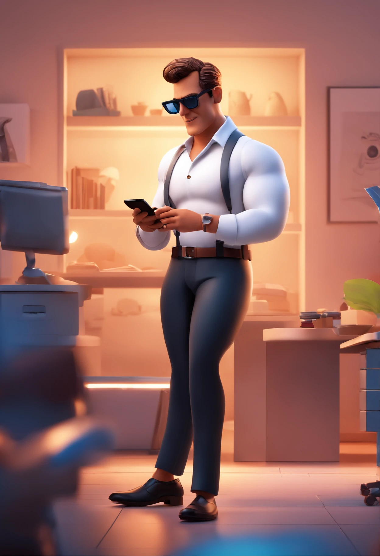 Pixar-inspired 3D poster capturing a scene with a 35-year-old man dressed in a white shirt with black pants and sunglasses,Messing with your phone in the workplace