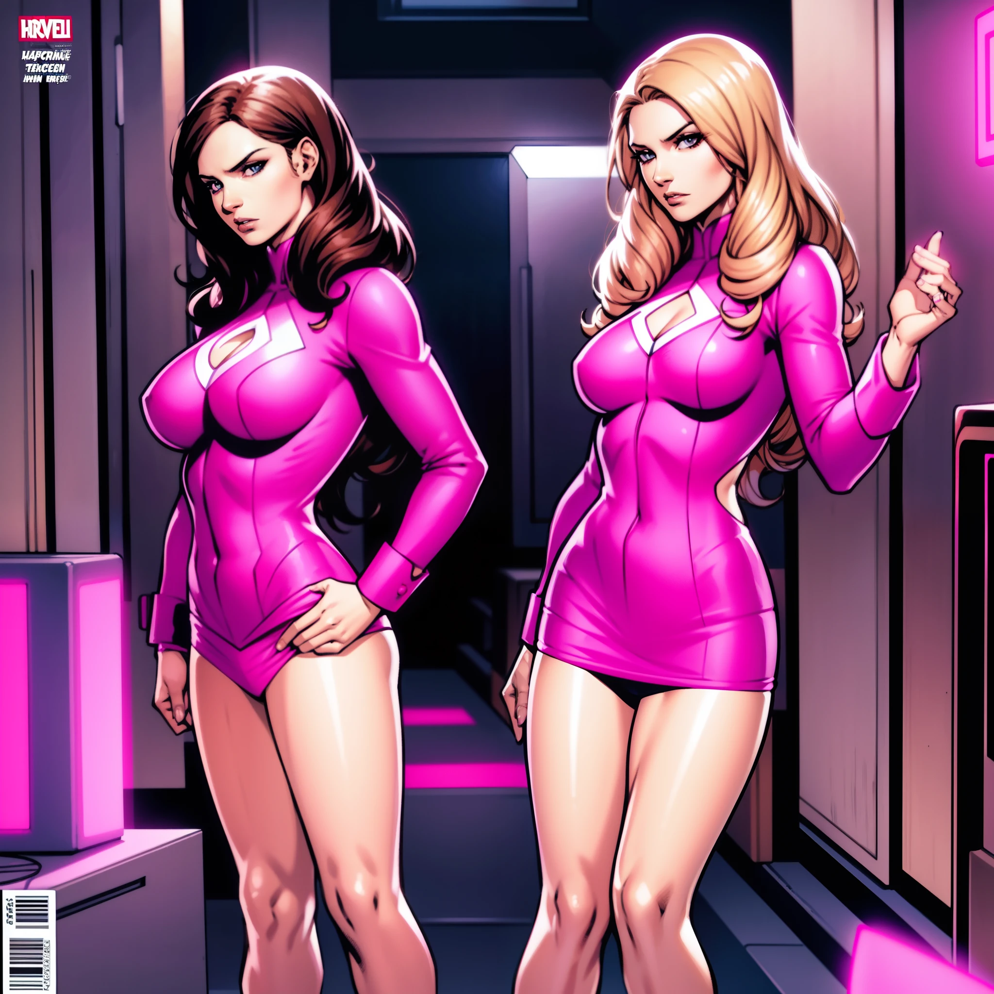 caucasian girl with pale skin complexion long curly brown hair and hazel eyes wearing a pink businesssuit, pink skirt suit, pink blazer, pink pencil skirt, and black high heels, posing with millions of clones of herself in rows, best quality, highly detailed, jim lee, { "id": "marvel", "title": "marvel", "cover": "", "related_tags": null, "permission": 0, "is_collect": false }