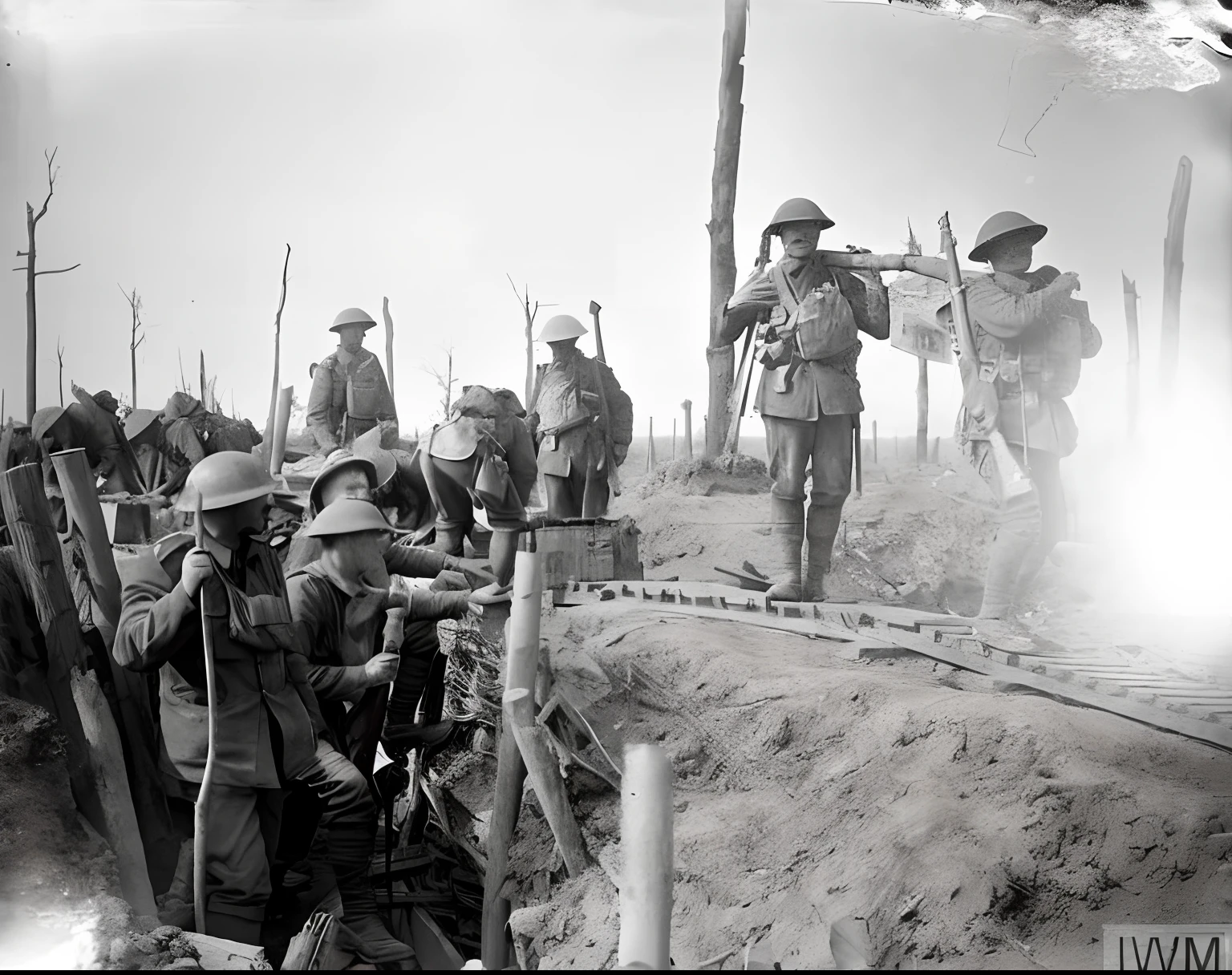 soldiers in a trench with rifles and helmets on, in trenches, ww1 photo, ww1 trench, trenches, ww1 film photo, taken on a ww 1 camera, trench warfare, slide show, world war one, wwi, war photo, trenches bombs, first world war, ww 1, ww1, fight ww 1, soldiers charging in, with anti aircraft guns