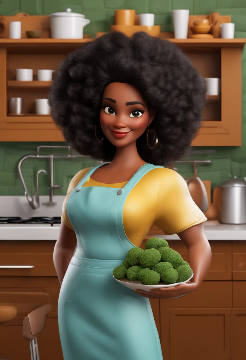 Imagem estilo Pixar com personagem 3D
Mulher negra com cabelos pretos e cacheados na altura dos ombros, blusa branca de chef de cozinha, com avental de peito vermelho cereja, cercada de livros, facas e vegetais em uma cozinha