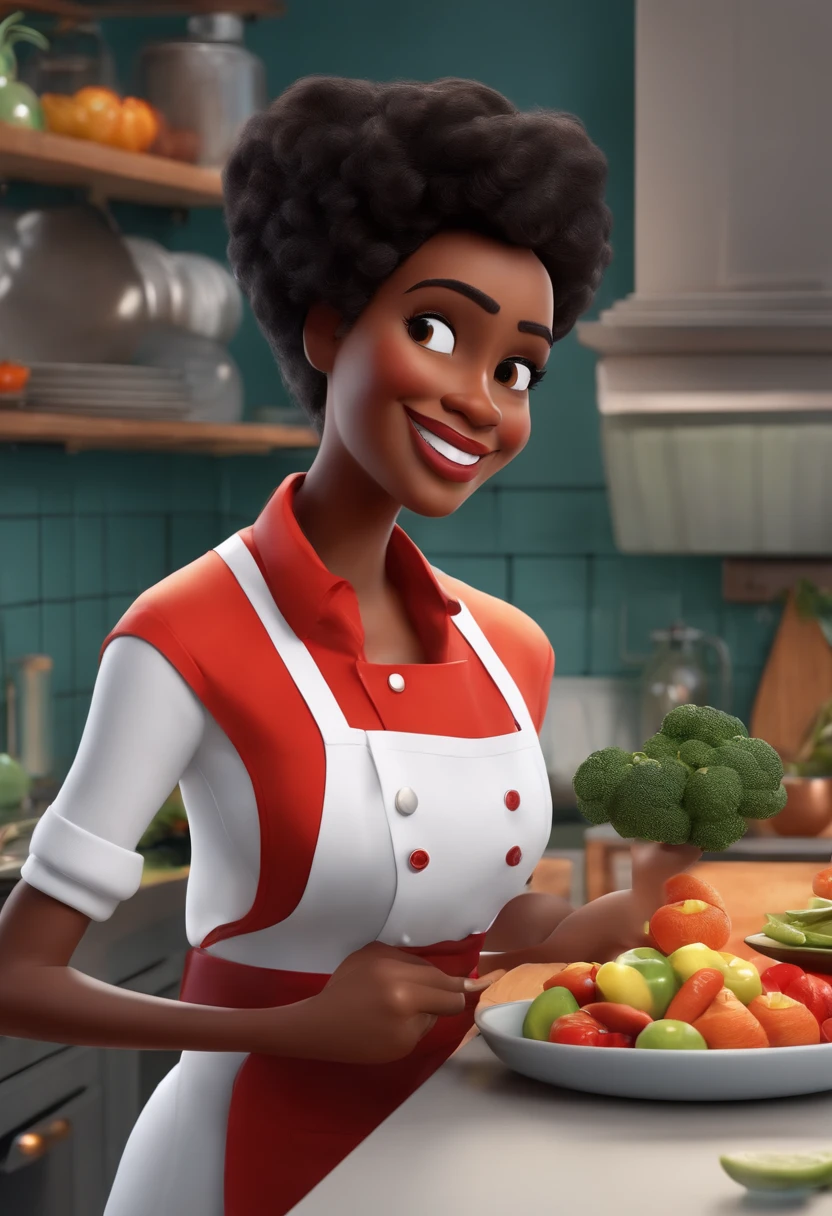 Imagem estilo Pixar com personagem 3D
Mulher negra com cabelos pretos e cacheados na altura dos ombros, blusa branca de chef de cozinha, com avental de peito vermelho cereja, cercada de livros, facas e vegetais em uma cozinha