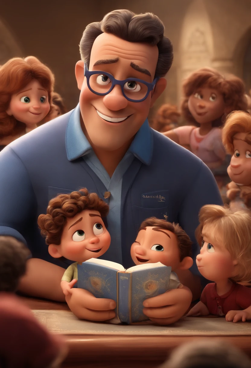 Uma disney/Pixar - Poster de filme inspirado com "Pastor": Introducing a 52-year-old Brazilian evangelical pastor, de pele escura, alto, com pouco cabelo e barba grisalha, Your body is neither thin nor fat, Wearing Light Blue Square Frame Glasses, com uma camisa azul. button on the left side a pocket and in the pocket the name Emissaries embroidered on the shirt. He has an open Bible and a flannel board talking about Jesus Christ, o Filho de Deus, with a group of children inside a church. A cena deve ser no estilo de arte digital distinto da Pixar, with a focus on character expressions, Vibrant color and detailed texture that are hallmarks of his animations.