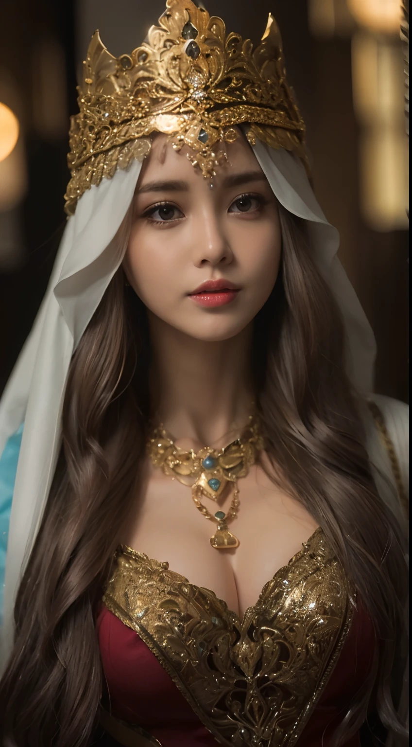 (Masterpiece, Best Quality, Realistic: 1.37), (Intricate and delicate, highly detailed skin and face), Beautiful Queen in black dress set, wrapped in luxurious dark hooded robe, dark rose and skull adorning her cloth, (tiara, rose, skull decoration, black, dark color), blue eyes, dark background, film soft lighting, thin trousers, full body shot
