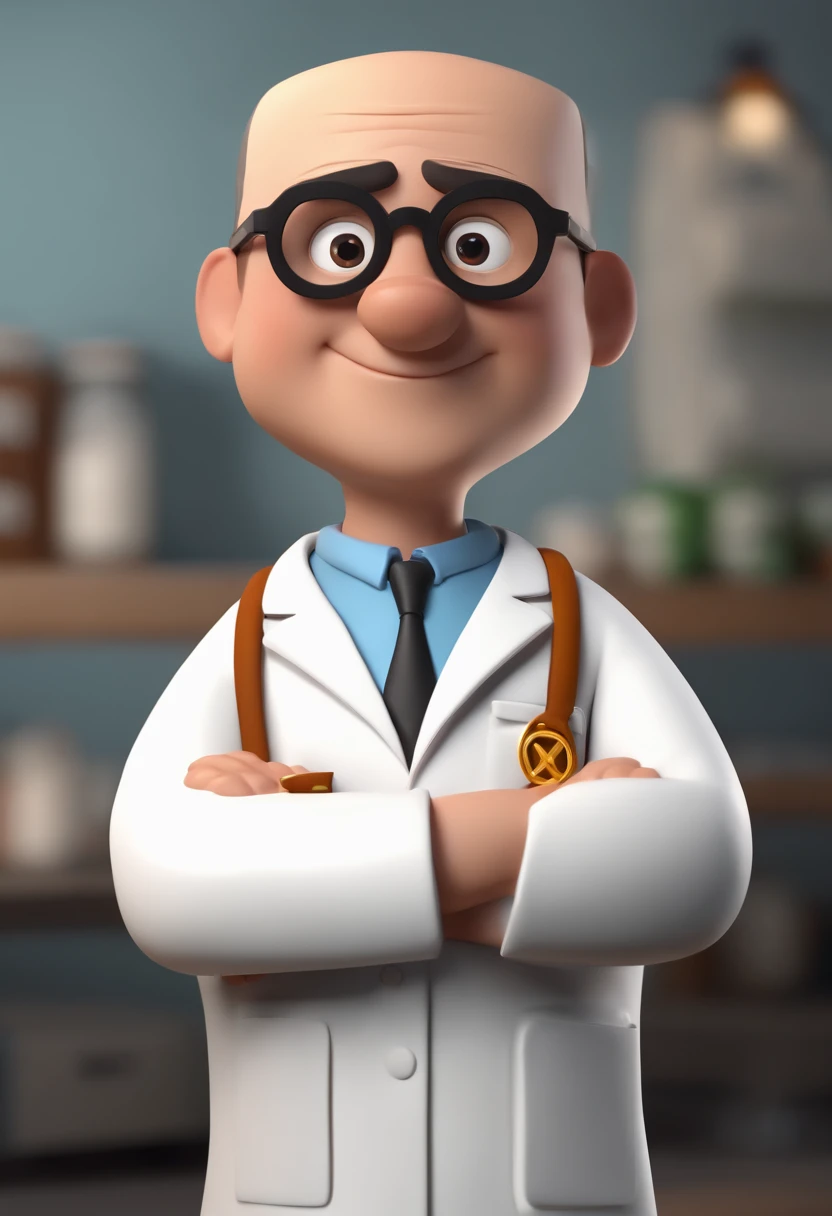 Cartoon character of a man with square black glasses and a white lab coat with pharmacy symbol, brown skin shaved hair on machine number 1 animation character, Caractere estilizado, animation style rendering, 3D estilizado, Arnold Maya render, 3 d render stylized, toon render keyshot, Personagem 3D, Personagem 3D, 3d rendering stylized, 3 d character render, personagem de desenho animado, Personagem de close up, Pose de personagem, (Estilo Pixar) (master part:1.2) (Bokeh) (best quality) (pele detalhada) (textura detalhada) (8k) (argila) (Cinematic lighting) (foco nítido