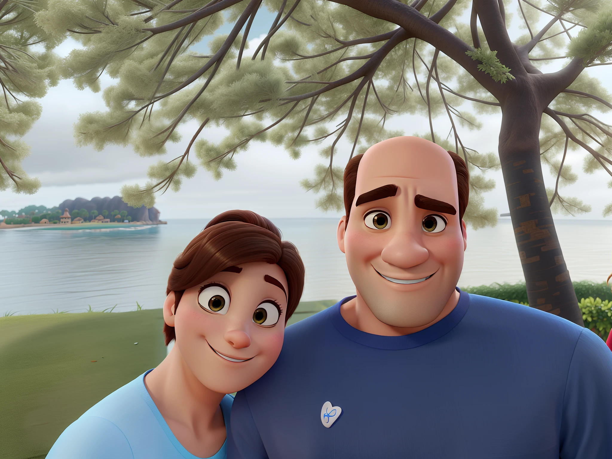 Casal estilo disney pixar melhor qualidade alta qualidade. Homem moreno careca sombracelhas grossas e mulherbranca olhos castanhos cabelos curtos
