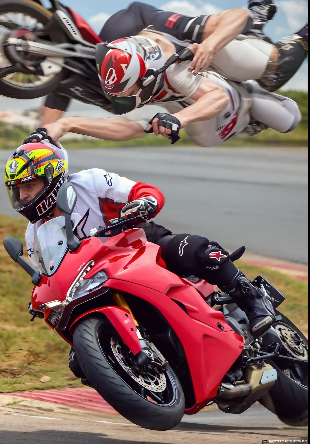Homem pilotando uma motocicleta vermelha em uma pista com capacete ligado, Enorme Ducati Panigrale Moto, dynamic action shot, na pista de corrida, Photo Session, motociclista, touring, high-speed action, Dynamic!!, motocicleta, Wheelie, Foto de capa, 🕹️ 😎 🔫 🤖 🚬, Fotografado, montado em um cavalo prancing