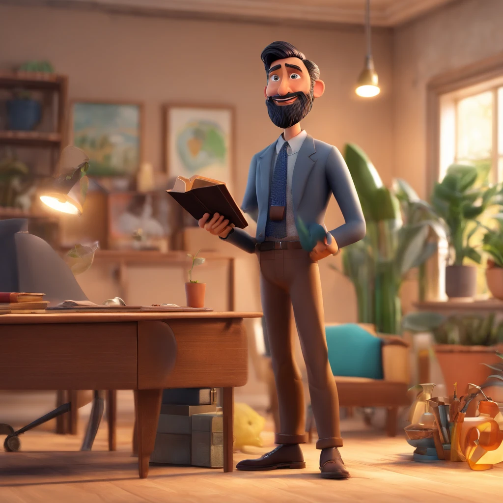 Crie um cartaz inspirado na Disney Pixar com o personagem sendo o pastor Marco Perondi, A black-haired man wearing a beard in an office with a Bible on the table