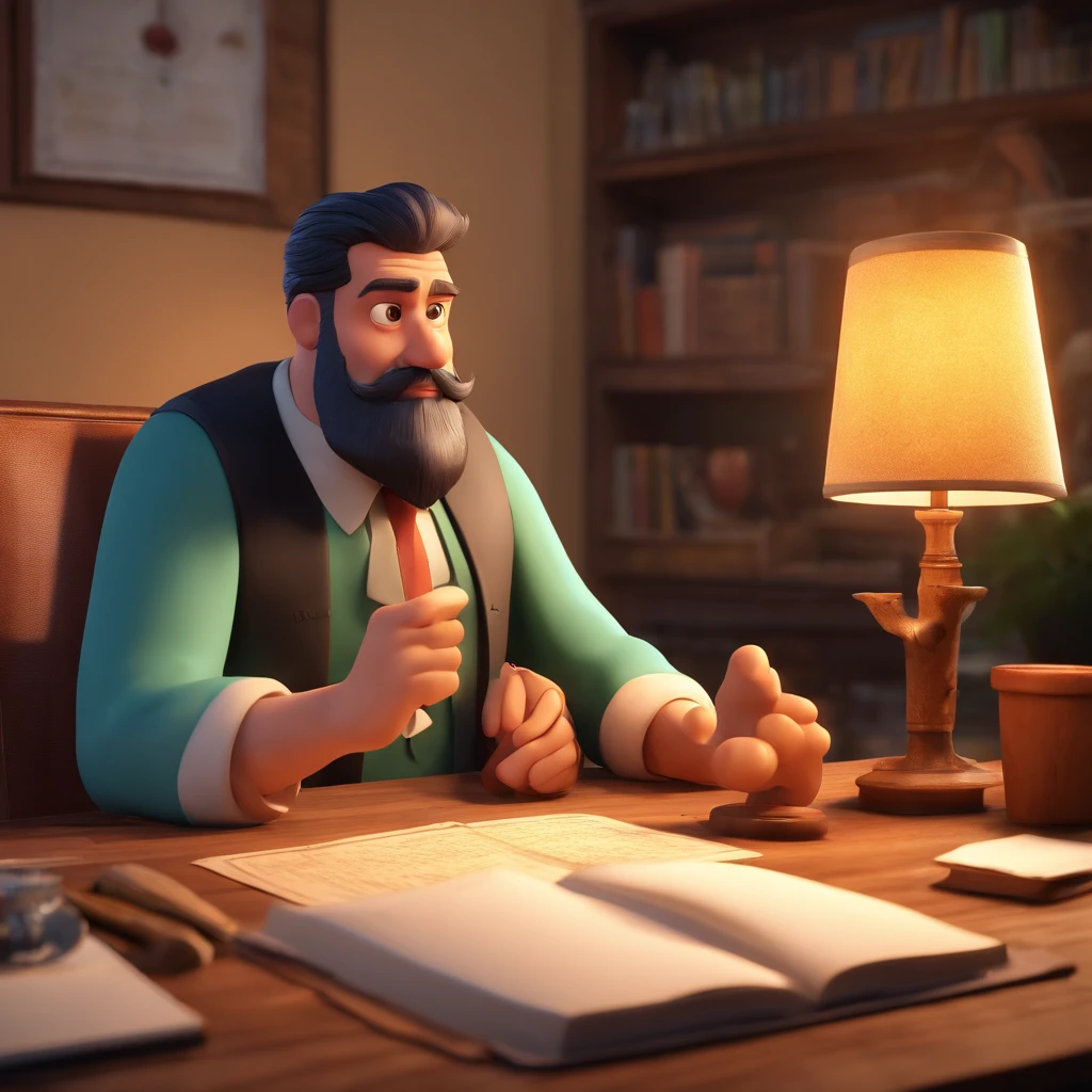 Crie um cartaz inspirado na Disney Pixar com o personagem sendo o pastor Marco Perondi, A black-haired man wearing a beard in an office with a Bible on the table