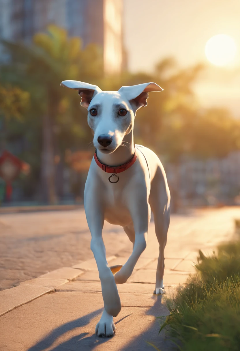 um whippet de pelagem tigrada feliz andando pela rua com uma cidade desfocada ao fundo