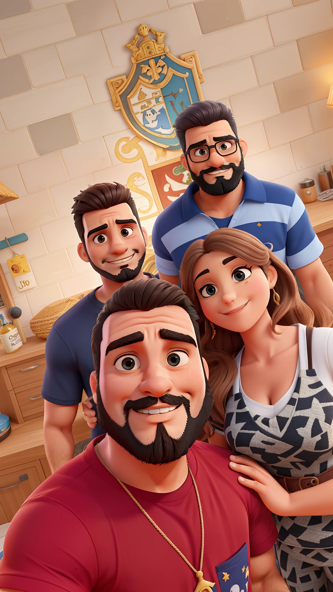 Familia reunida com homens de barba e cabelos pretos e mulher com cabelos grandes e loiros