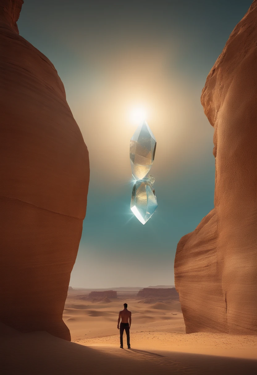 There is a man standing in the desert with a large object, cheio de vidro. CGSetnation, magical crystals, Ainda quadro de um filme, inspirado em Louis Mathieu Verdilhan, Album art for a trance DJ, A Fenda, triangle fragments, Cinematic lens flare, connectedness, [ Fragmentos, 4 dimensions