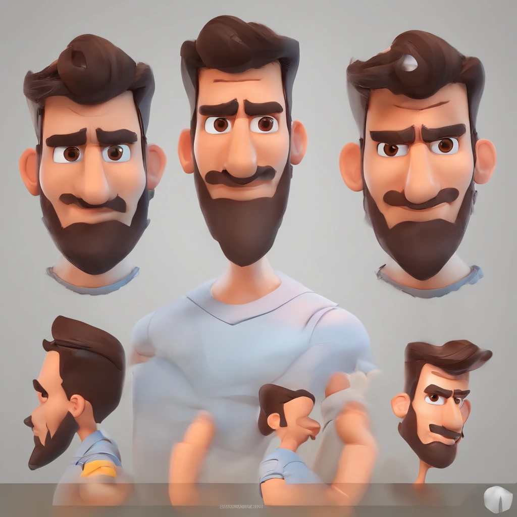 Criar um personagem no estilo Pixar. Trata-se de um homem de 30 anos, com barba, Branco, com cabelos castanhos curtos e um quiff, e olhos castanhos. Ele deve estar na frente de um computador, Trabalhar como designer