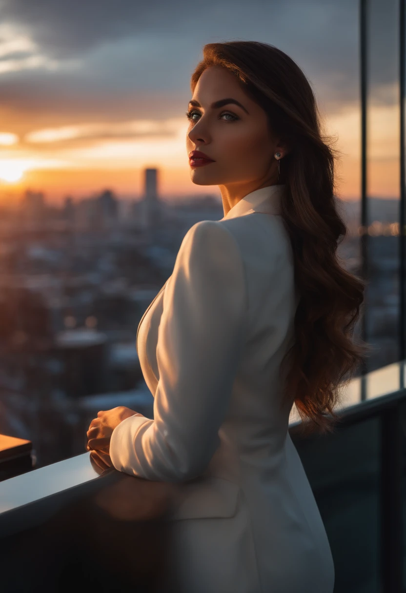 1girl,solo, parted lips, office lady, business suit ,
skyline, cloud,sunset, arms behind head, looking at viewer,