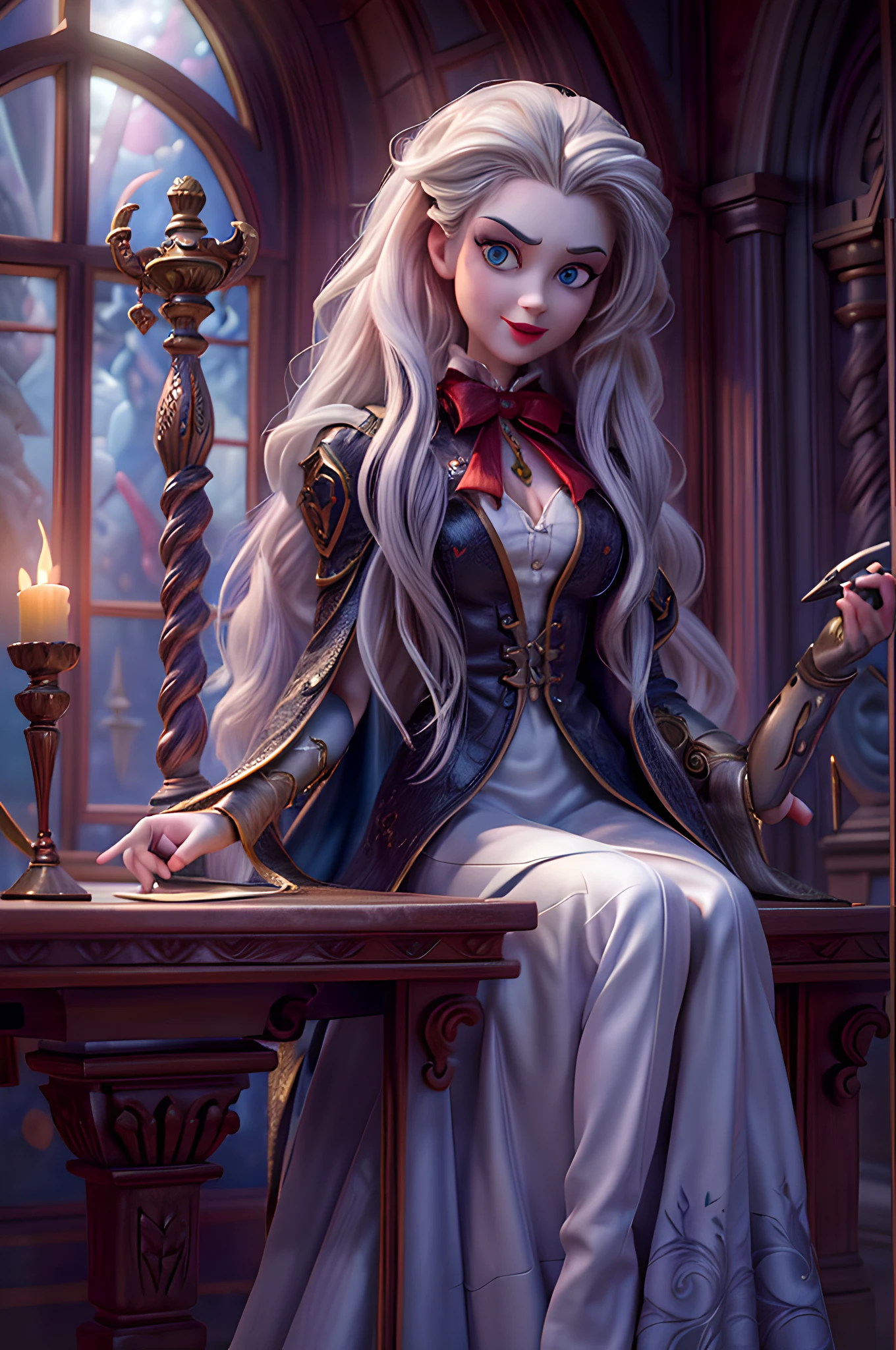 a portrait of (Pixar art: 1.5) a picture of vampire human in her castle, an exquisite beautiful female vampire human in her library, full body (ultra detailed, Masterpiece, best quality), ultra detailed face (ultra detailed, Masterpiece, best quality), grey skin, blond hair, hair in a ponytail, long hair, blue eyes, cold eyes, glowing eyes, intense eyes, smirking, smile with [drops of blood on face] (ultra detailed, Masterpiece, best quality), dark red lips, [vampire fangs], wearing white dress (ultra detailed, Masterpiece, best quality), dark blue cloak, high heeled boots in dark fantasy library, book shelves, high details, best quality, 8k, [ultra detailed], masterpiece, best quality, (ultra detailed), full body, ultra wide shot, photorealism, luis royo style, dark fantasy art, moon light coming through the window, moon rays, gothic art, sense of dread, sense of seduction, pixarstyle