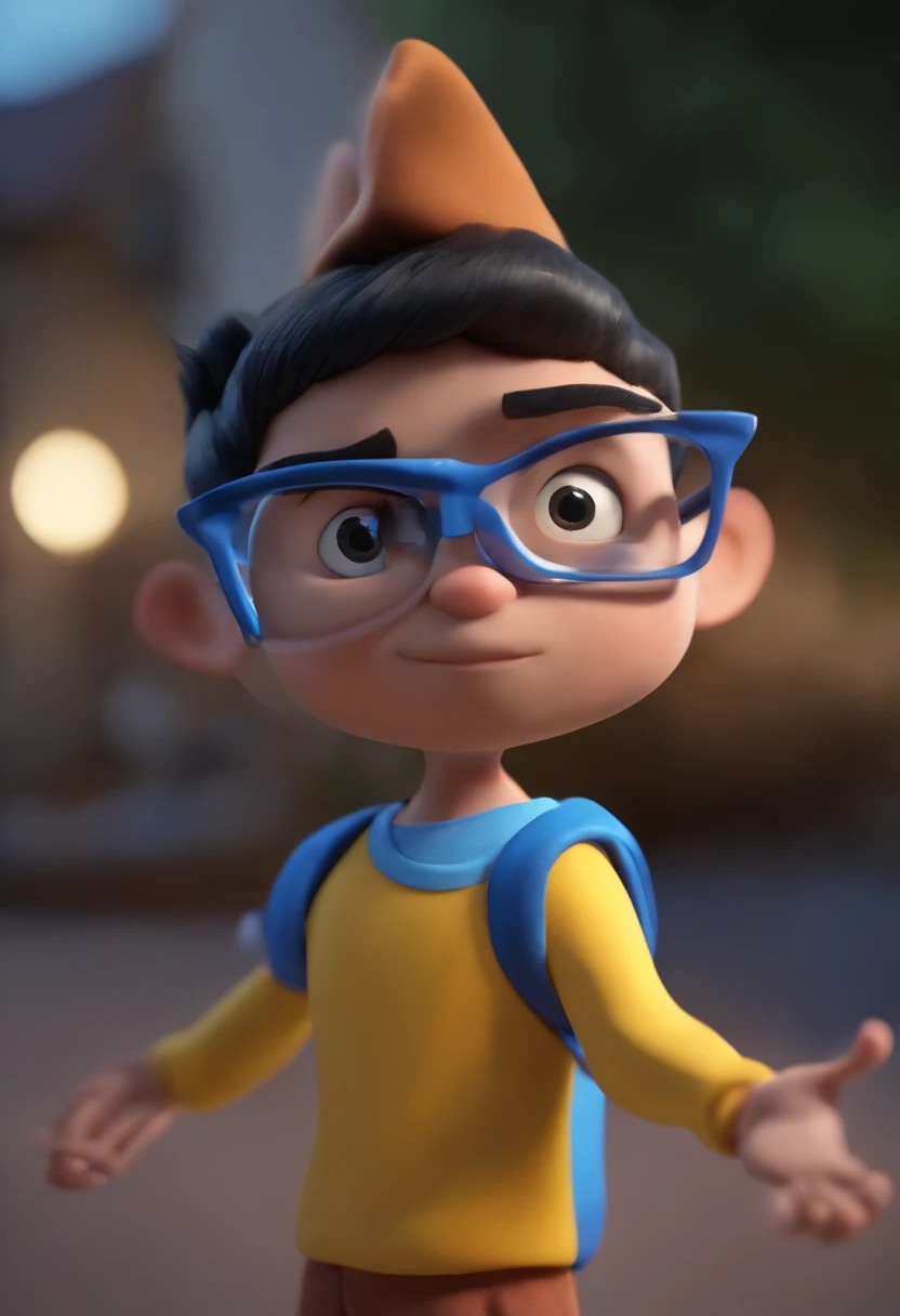 Cartoon character of a man wearing black glasses and a blue shirt, um personagem animado, Caractere estilizado, animation style rendering, 3D estilizado, Arnold Maya render, 3 d render stylized, toon render keyshot, Personagem 3D, Personagem 3D, 3d rendering stylized, 3 d character render, personagem de desenho animado, Personagem de close up, Pose de personagem, (Estilo Pixar) (master part:1.2) (Bokeh) (best quality) (pele detalhada) (textura detalhada) (8k) (argila) (Cinematic lighting) (foco nítido,Senta e vaza a parte superior do corpo.