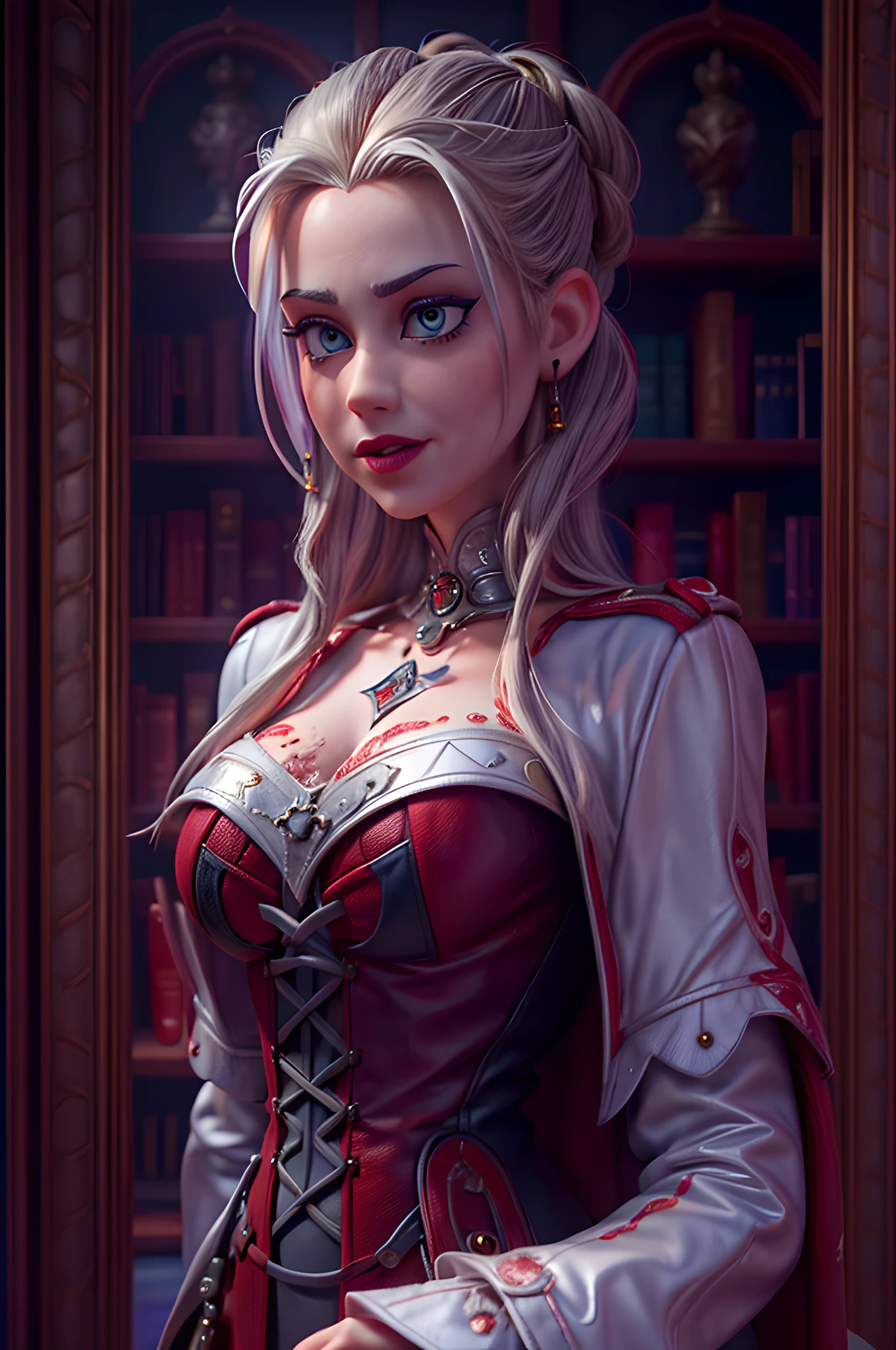 a portrait of (Pixar art: 1.5) a picture of vampire human in her castle, an exquisite beautiful female vampire human in her library, full body (ultra detailed, Masterpiece, best quality), ultra detailed face (ultra detailed, Masterpiece, best quality), grey skin, blond hair, hair in a ponytail, long hair, blue eyes, cold eyes, glowing eyes, intense eyes, smirking, smile with [drops of blood on face] (ultra detailed, Masterpiece, best quality), dark red lips, [vampire fangs], wearing white dress (ultra detailed, Masterpiece, best quality), dark blue cloak, high heeled boots in dark fantasy library, book shelves, high details, best quality, 8k, [ultra detailed], masterpiece, best quality, (ultra detailed), full body, ultra wide shot, photorealism, luis royo style, dark fantasy art, moon light coming through the window, moon rays, gothic art, sense of dread, sense of seduction, pixarstyle