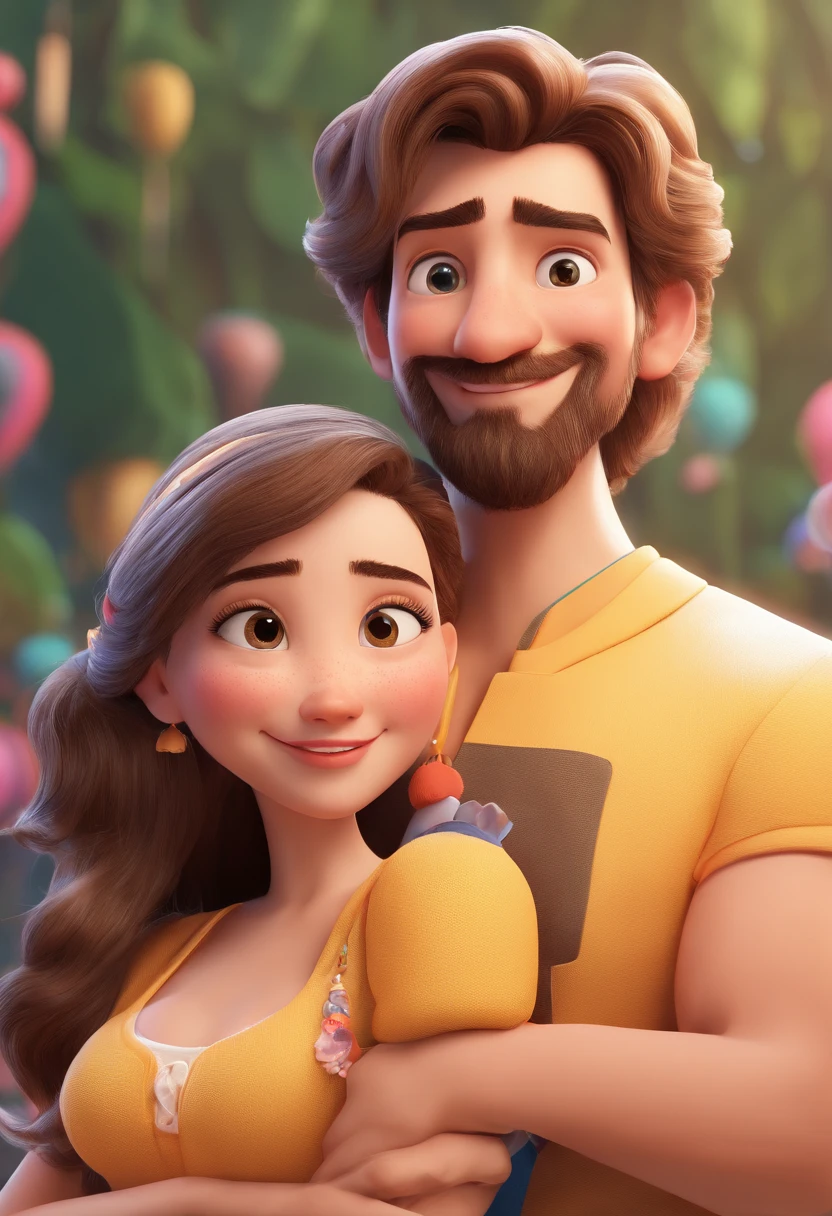 An illustration of an adorable couple, Destacando um homem e uma mulher com beleza, Expressive eyes – the man's hair is bald and brown and he has a full beard, While the woman's hair is tied up in a bun and blonde. They are a bright space, Todos com um sorriso no rosto, e compartilhe um momento especial, That is marked by love, viagem, and pedagogical insights. Ilustre esta cena a partir de uma perspectiva, where they're facing away from the camera, Show Your Connection. Desenvolva esta arte em Full HD, Focus on your cinematic touch, Estilo Disney Pixar Animations