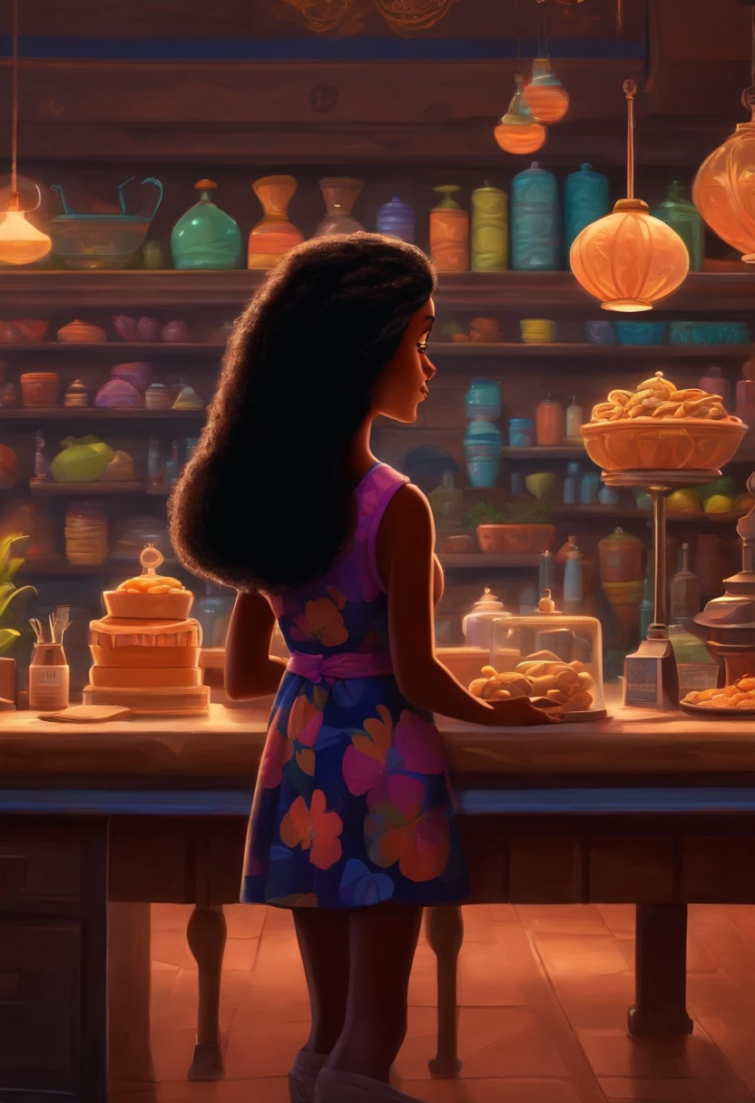 Um filme inspirado na Disney Pixar ( NEGRA JOVEM COM CABELO LONGO CACHEADO PRETO) dentro A cena estar na arte distinta do estilo PIXAR, descolada e estilosa