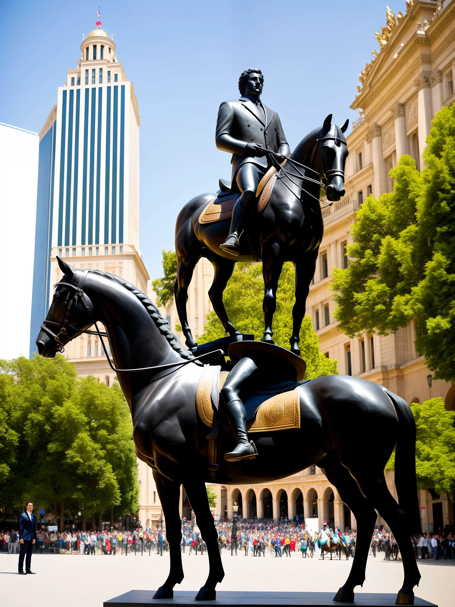 arafed man standing in front of a statue of a man on a horse, standing in a city center, in a city square, in a city with a rich history, in the middle of the city, with a city in the background, posing like a statue, chile, on a great neoclassical square, standing in a city street, mateo dineen