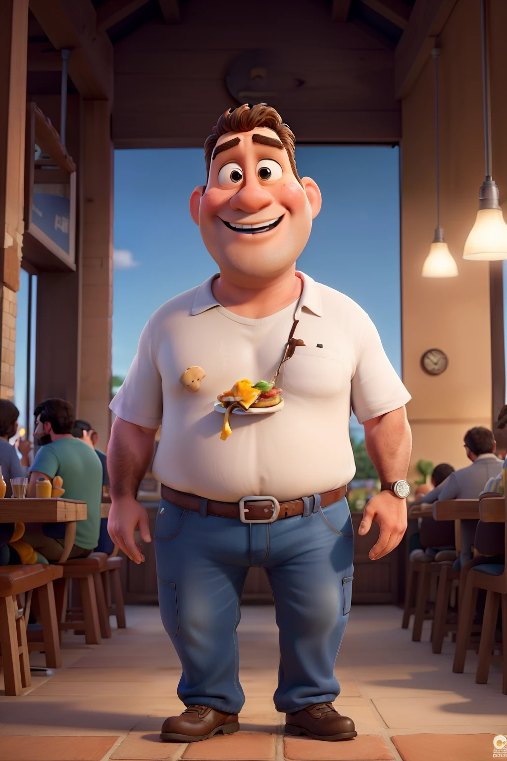 Obra-prima pixar filmes , de melhor qualidade, um grande homen branco de cabelos grisalhos de 42 anos, forte um pouco gordo, Holding a burger in a very artisanal burger joint