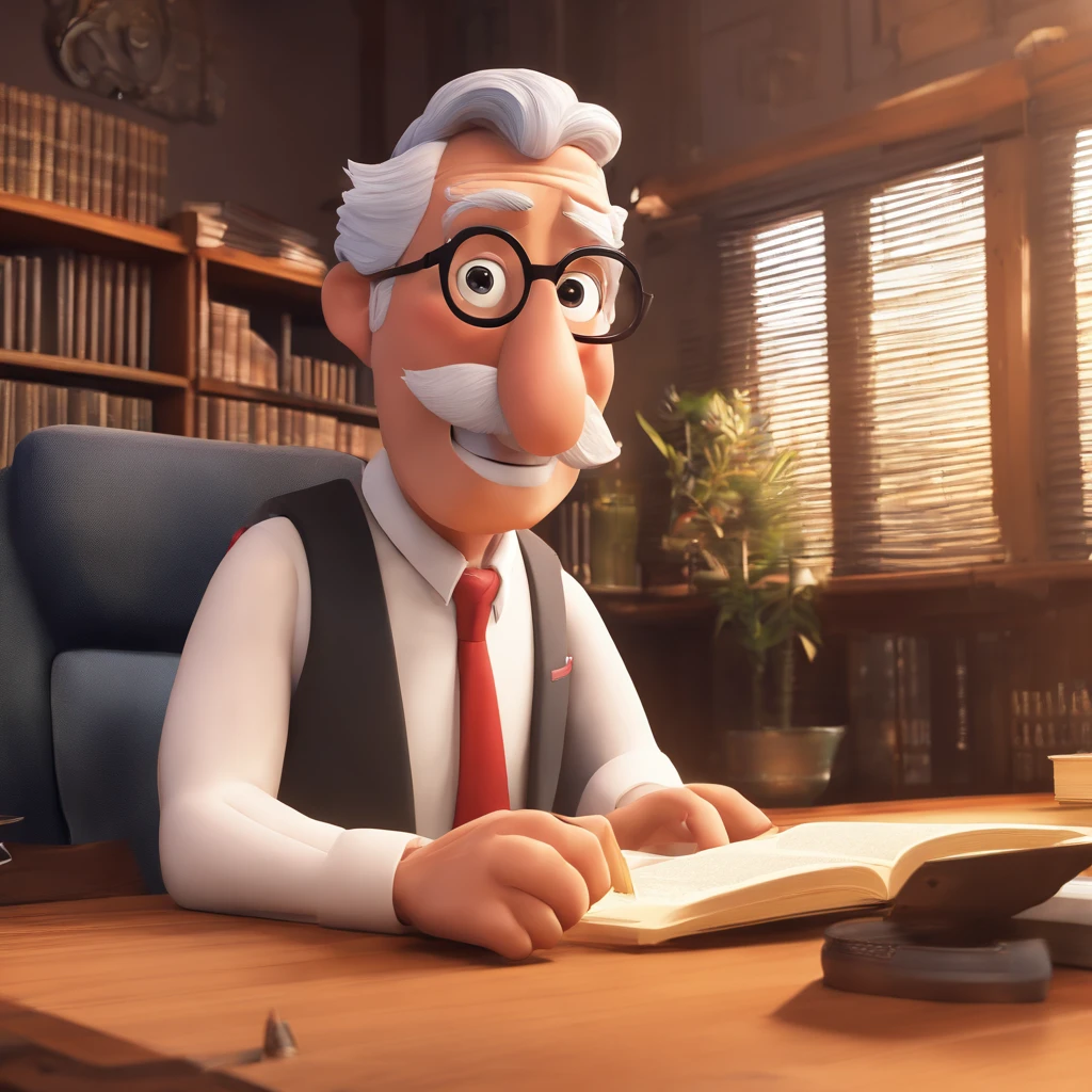 Crie um cartaz inspirado na Disney Pixar com o personagem sendo o pastor Rubens Janier, A gray-haired man wearing glasses, in an office with a Bible on the table