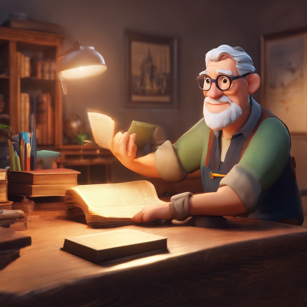 Crie um cartaz inspirado na Disney Pixar com o personagem sendo o pastor Rubens Janier, A gray-haired man wearing glasses, in an office with a Bible on the table