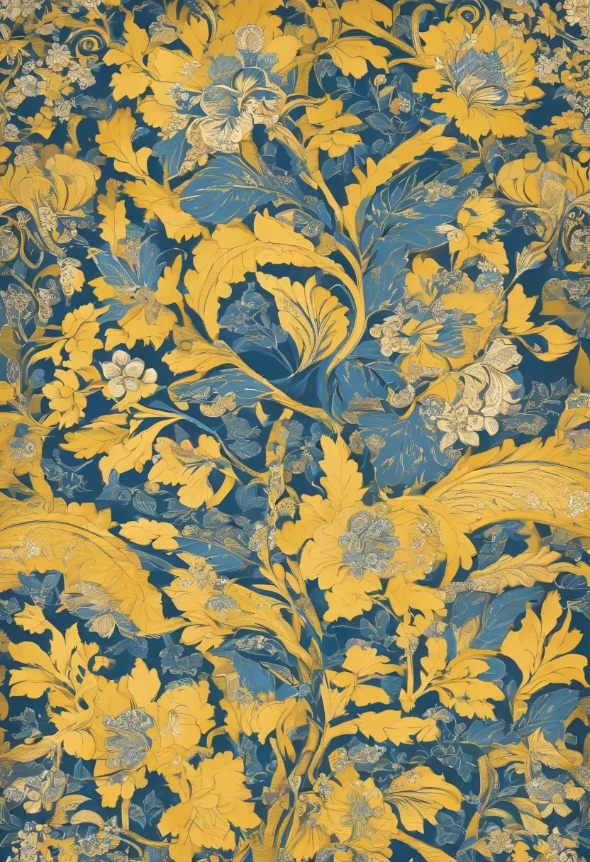 Motif de fleur ylang-ylang avec 4 pétales seulement jaune avec des fleurs de jasmin autour de la fleur ylang-ylang sur un tissus bleu, motif ressemblant à un motif de vêtements indien mais original ressemble à un motif pour une jellaba orientale.