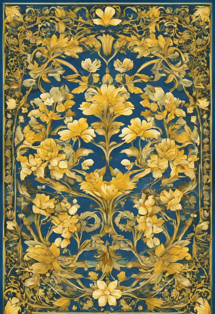 Motif de fleur ylang-ylang avec 4 pétales seulement jaune avec des fleurs de jasmin autour de la fleur ylang-ylang sur un tissus bleu, motif ressemblant à un motif de vêtements indien mais original ressemble à un motif pour une jellaba orientale.