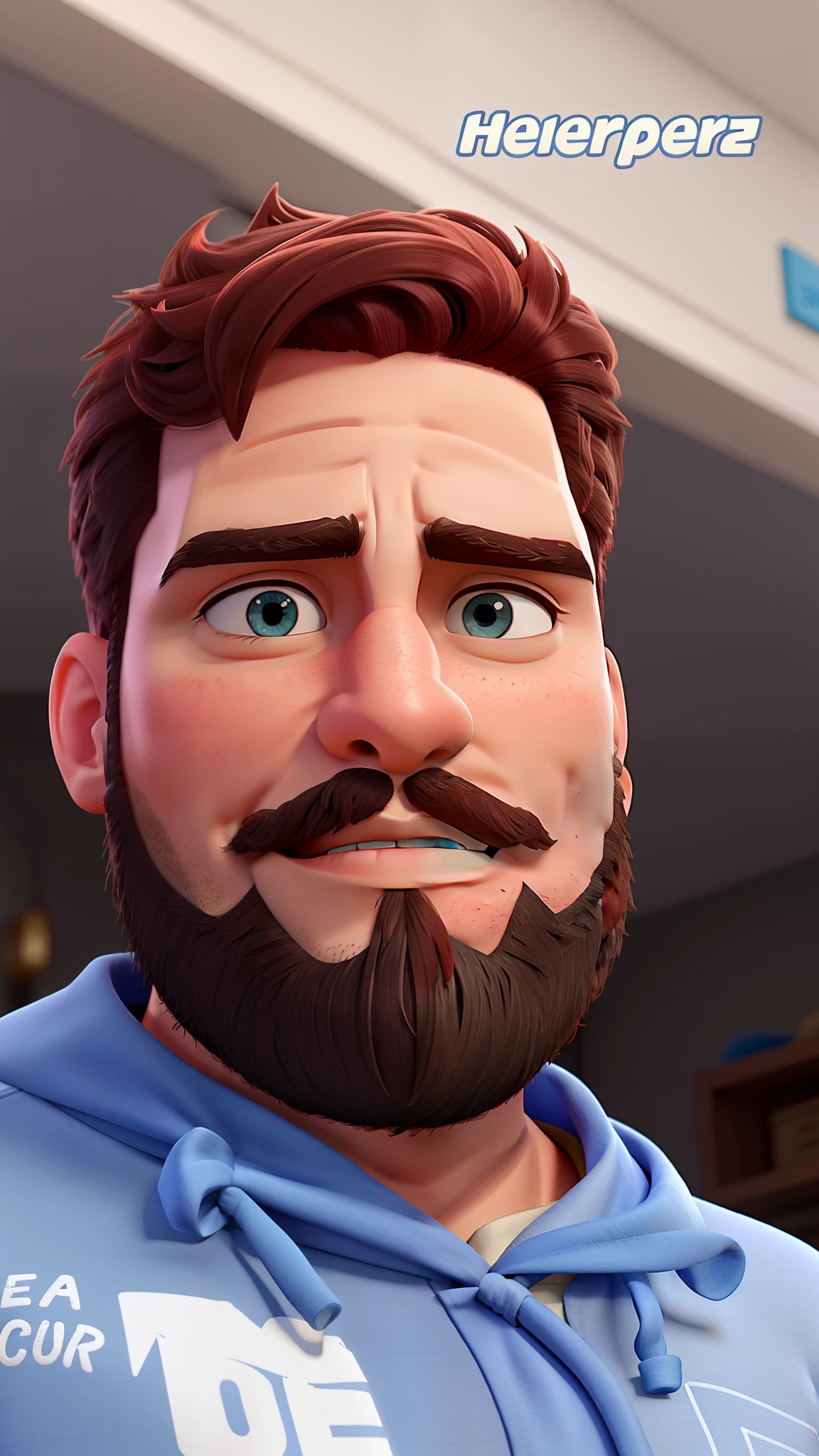 Homem moreno de olhos castanhos, com blusa azul escuro e barba