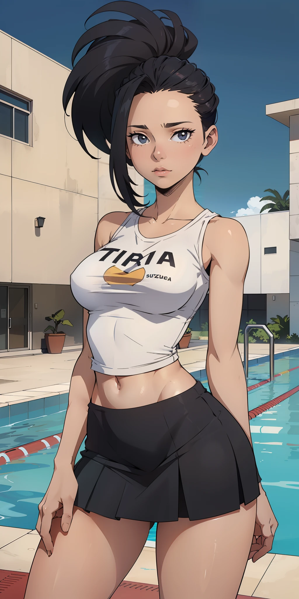 Crie uma foto realista jovem mulher com cabelo loiro (length to shoulders), olhos azuis e peitos grandes. Ela usa uma camiseta branca, Round Neck, Mangas compridas e curtas, without a bra, And she also wears a unicolor black cotton mini skirt. Ela sobe de uma piscina, Ensopada. The t-shirt clings to her body and is a little transparent. corpo inteiro, tiro grande angular.