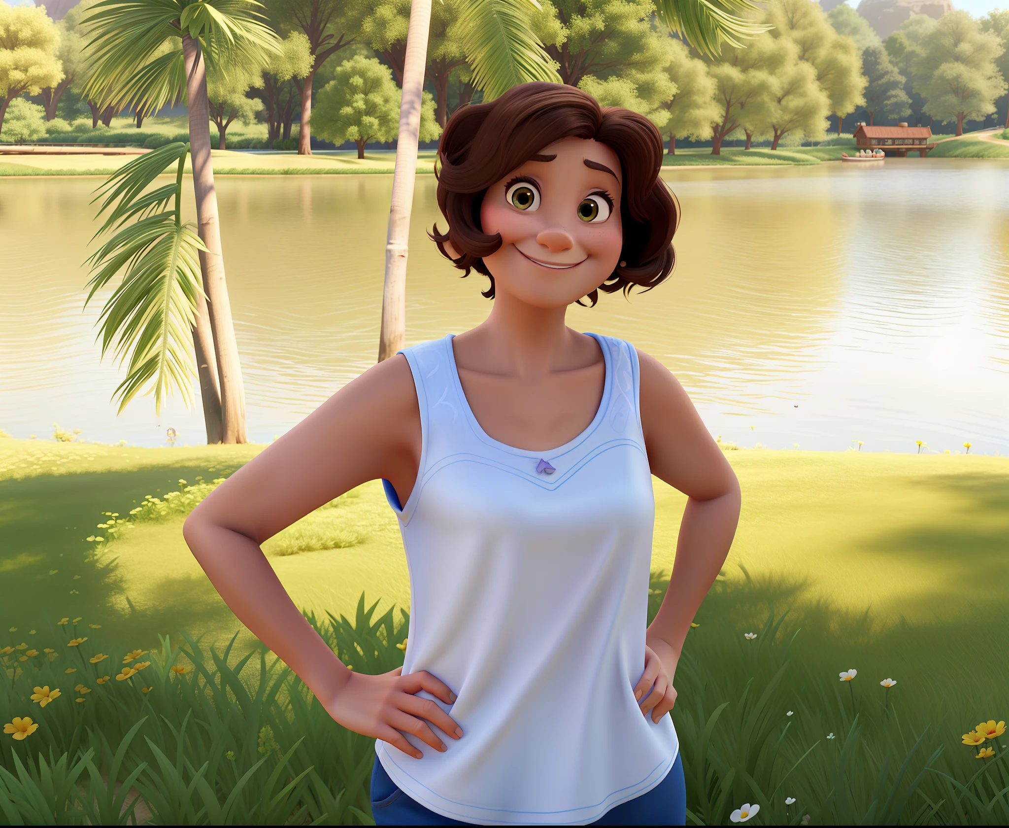Create a character in the Disney Pixar style, Woman, approximately 50 years old, brunette, short hair, smiling, in the background a beautiful lake